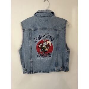 Vintage 1995 Warner Bros Looney Tunes Embroidered Denim Jean Jacket Vest L